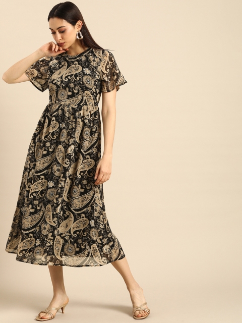 

all about you Black & Peach-Coloured Ethnic Motifs Printed Fit And Flare Maxi Dress