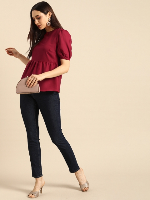 

all about you Fuchsia Pink Solid Puff Sleeved A-Line Top