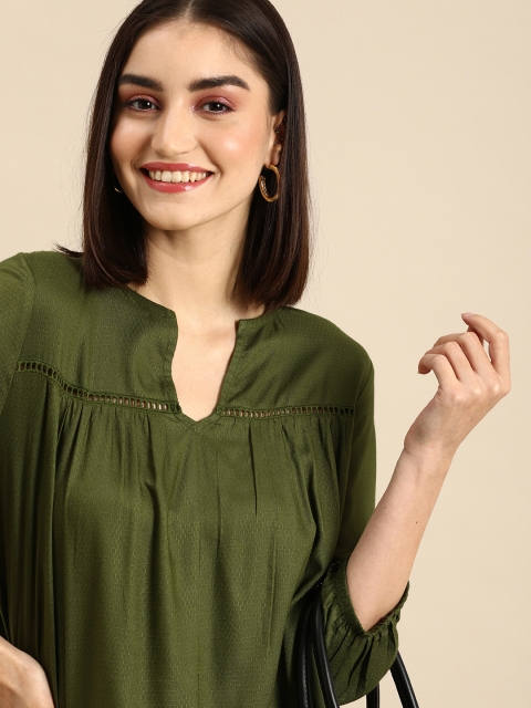 

all about youWomen Olive Green Self-Design V-Neck Regular Top
