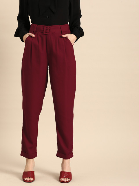 

all about you Women Maroon Solid High-Rise Trousers