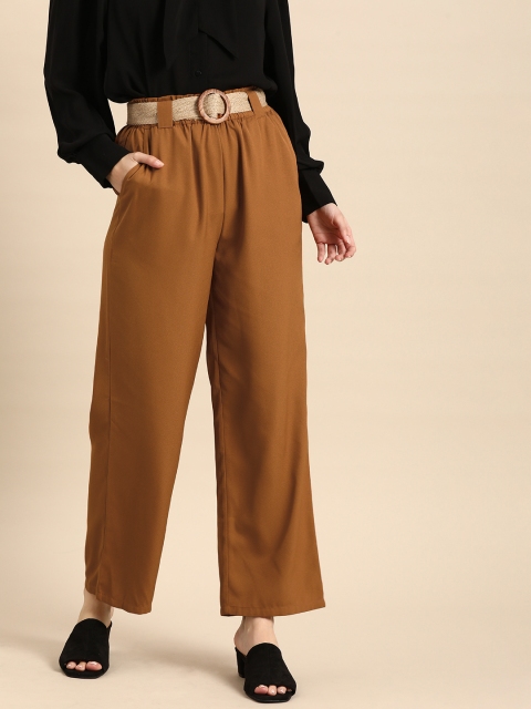 

all about you Women Brown Solid High-Rise Pleated Parallel Trousers