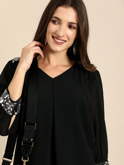 

all about you Black Studded Pleated Regular Top