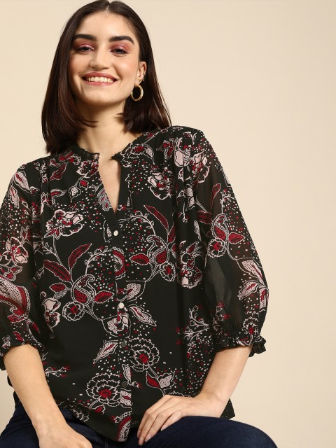 

all about you Women Black & Red Ethnic Motif Printed V-Neck Regular Top