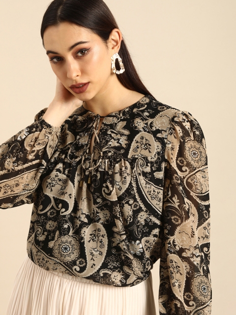 

all about you Black & Peach-Coloured Tie-Up Neck Bishop Sleeves Printed Boxy Top