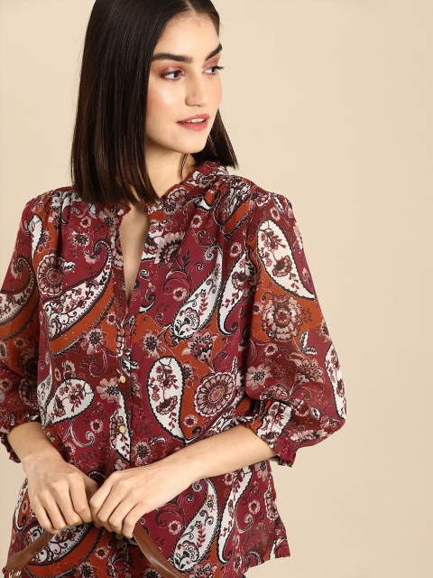 

all about you Women Red & Black Ethnic Motif Printed V-Neck Regular Top