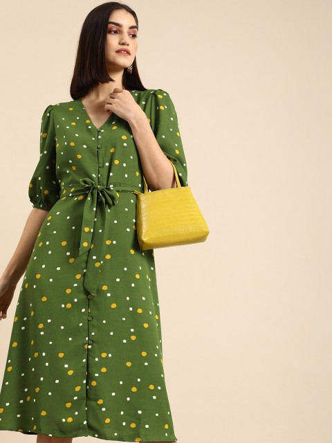 

all about you Women Green & Yellow Polka Dots Printed V -Neck Belted A-Line Dress