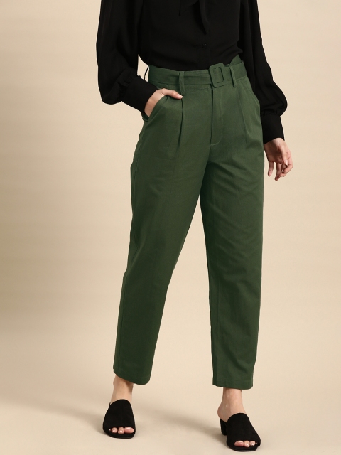 

all about you Women Green Solid High-Rise Pleated Trousers