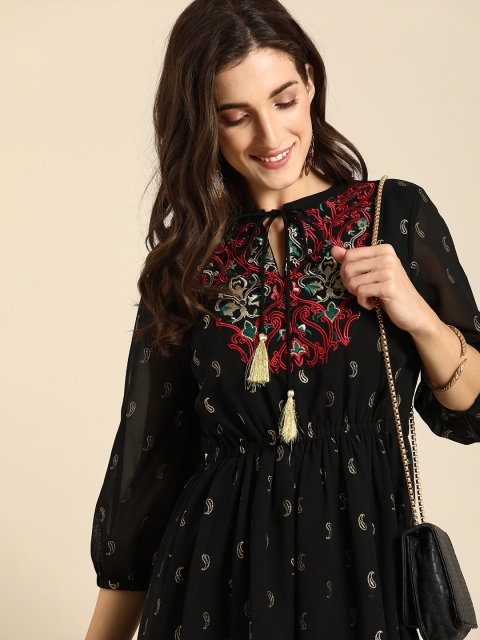 

all about you Black & Red Ethnic Motifs Embroidered Tie-Up Neck A-Line Midi Dress