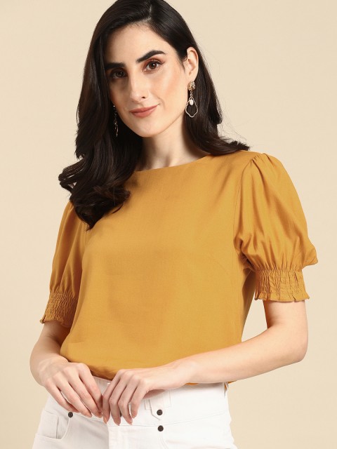

all about you Women Mustard Yellow Solid Smocked Detail Regular Top