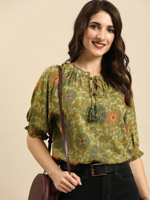 

all about you Green Floral Print Tie-Up Neck Top