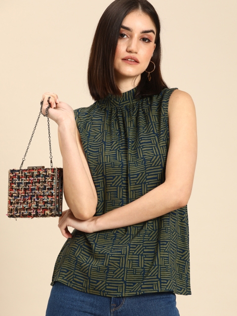 

all about you Blue & Olive Green Printed High-Neck Regular Top