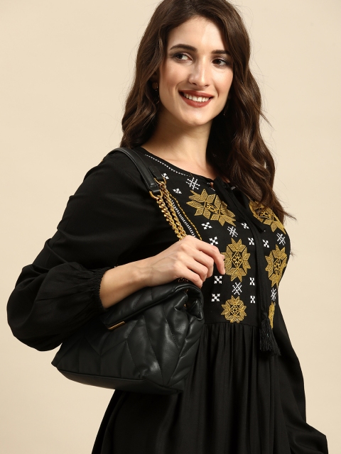 

all about you Black Floral Embroidered Tie-Up Neck A-Line Dress