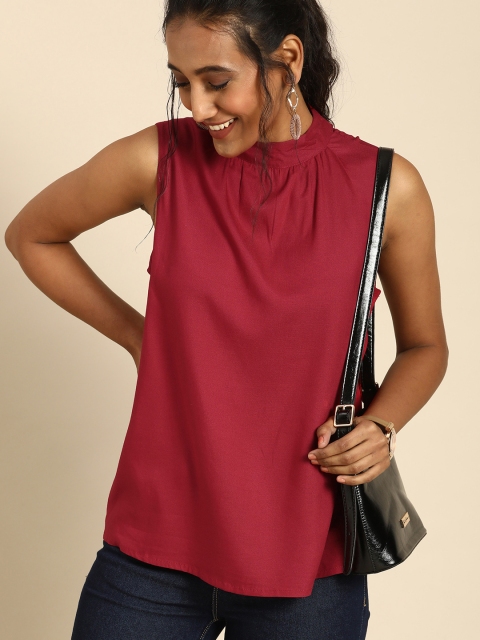 

all about you Maroon High Neck Gather Detailed Regular Top
