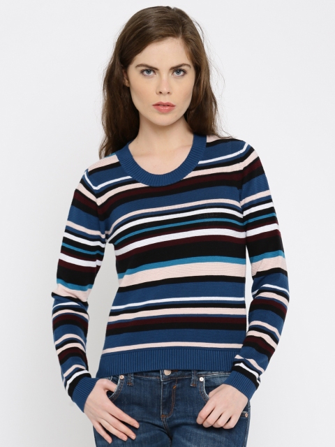 

ONLY Women Teal Blue & Black Striped Round Neck T-Shirt