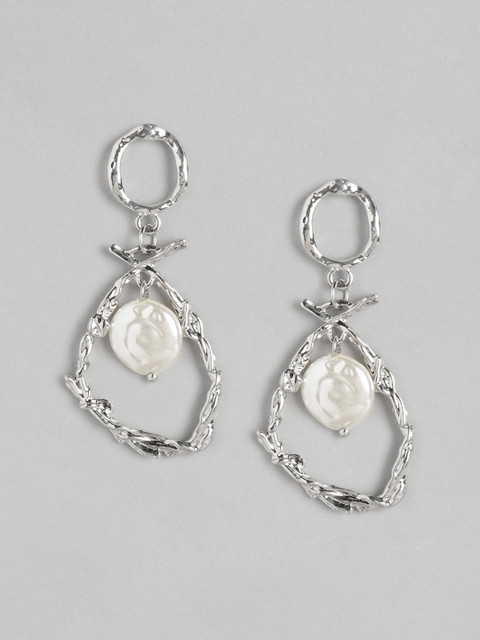 

DressBerry Silver-Toned & Off White Beaded Contemporary Drop Earrings