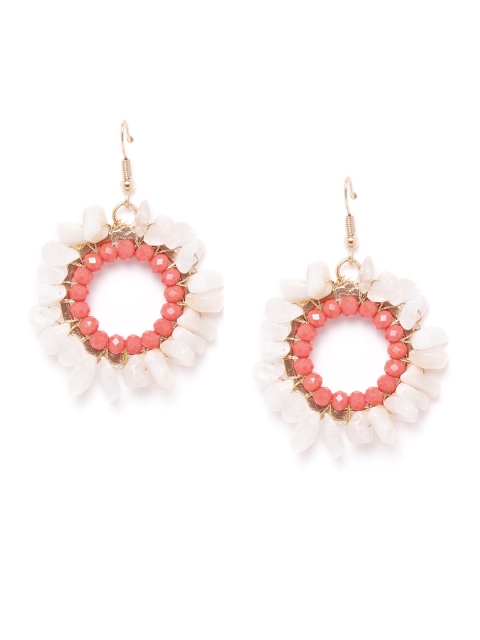 

DressBerry Off White & Coral Pink Stone-Studded Beaded Circular Drop Earrings