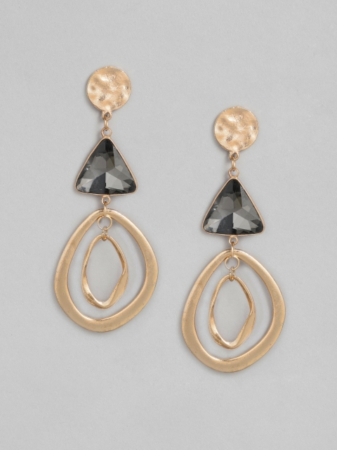 

DressBerry Black Gold-Toned Stone Studded Geometric Drop Earrings