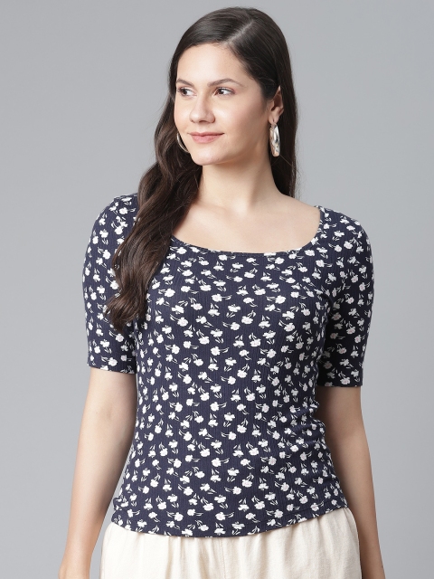 

Marks & Spencer Navy Blue & White Floral Regular Top