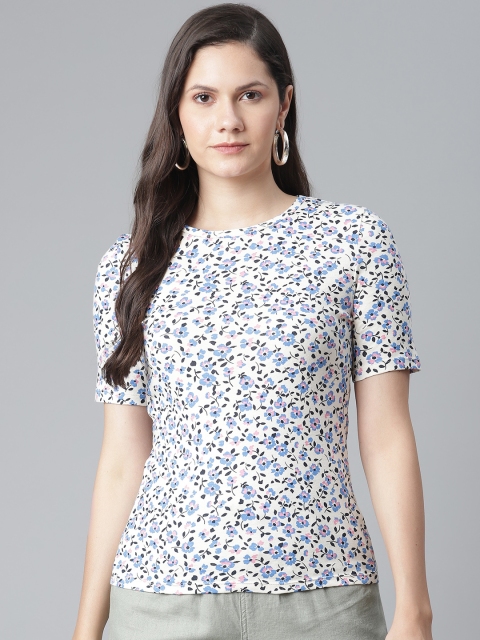 

Marks & Spencer Women White & Blue Pure Cotton Floral Printed T-shirt