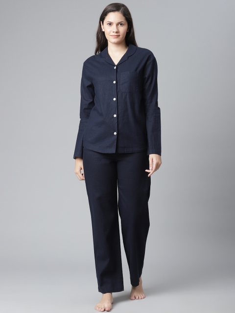 

Marks & Spencer Women Navy Blue Linen Cotton Solid Night suit