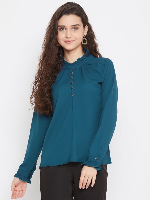 

Purple Feather Teal Mandarin Collar Crepe Shirt Style Top