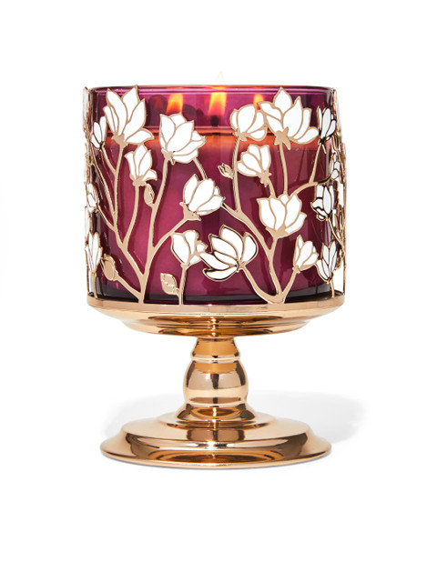

Bath & Body Works Maroon & Gold-Toned Floral Magnolias Pedestal 3-Wick Candle Holder