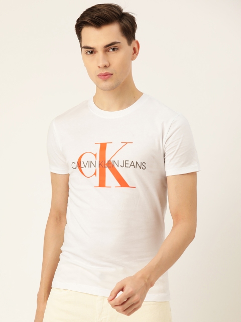 

Calvin Klein Jeans Men White Orange Brand Logo Pure Cotton T-shirt