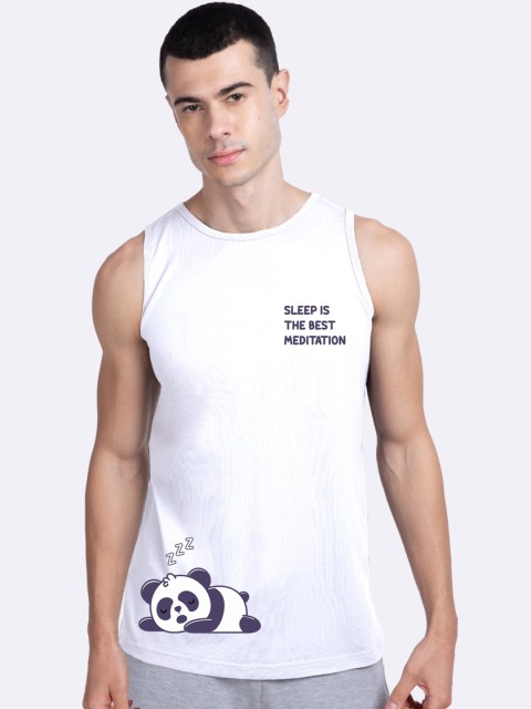 

Bewakoof Men White & Navy Blue Printed 100% Cotton Innerwear Vest