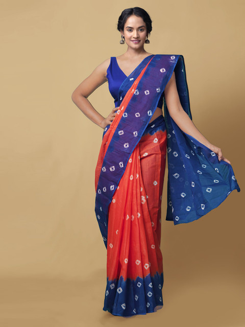 

Unnati Silks Orange & Blue Pure Cotton Printed Bandhani Saree