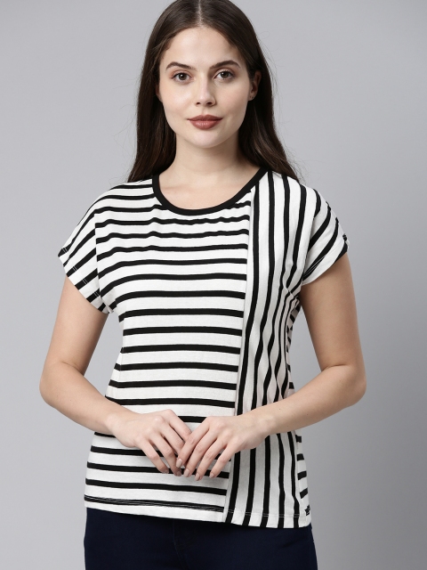 

Harvard Women White Black Striped Extended Sleeves Pure Cotton T-shirt