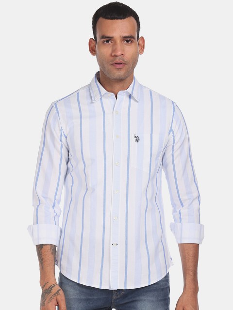 

U.S. Polo Assn. Men White & Blue Regular Fit Striped Casual Shirt
