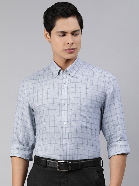 

Louis Philippe Men Grey & Blue Slim Fit Pure Linen Checked Formal Shirt