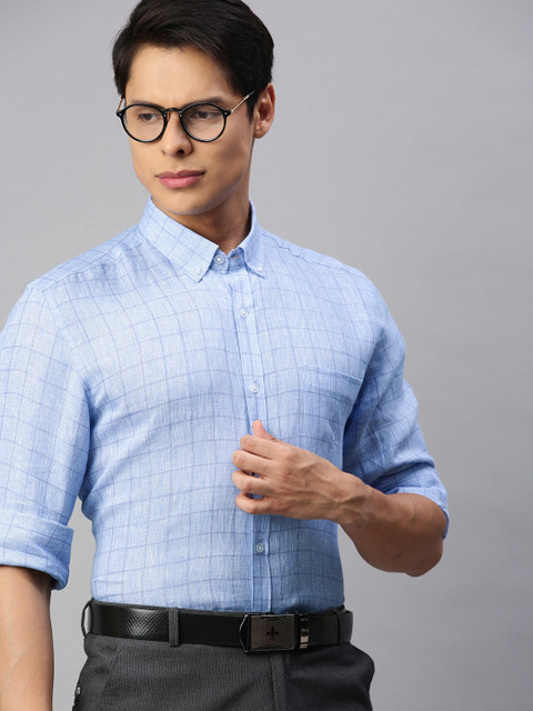 

Louis Philippe Men Blue Slim Fit Windowpane Checked Formal Linen Shirt