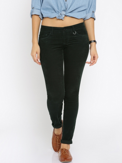 

ONLY Women Green Solid Skinny Fit Flat-Front Corduroy Trousers