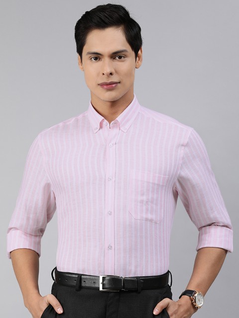 

Louis Philippe Men Pink & White Slim Fit Pure Linen Striped Formal Shirt