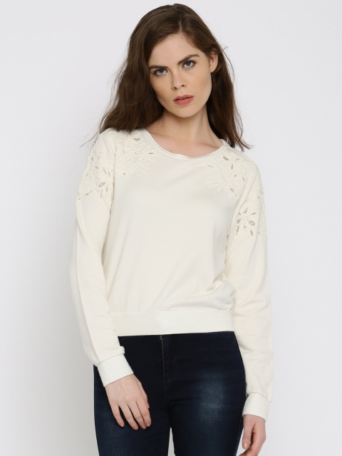 

ONLY Women Off-White Solid Embroidered Sweatshirt