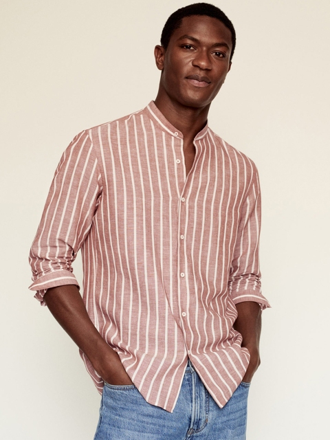 

MANGO MAN Dusty Pink & White Linen Cotton Regular Fit Striped Casual Shirt