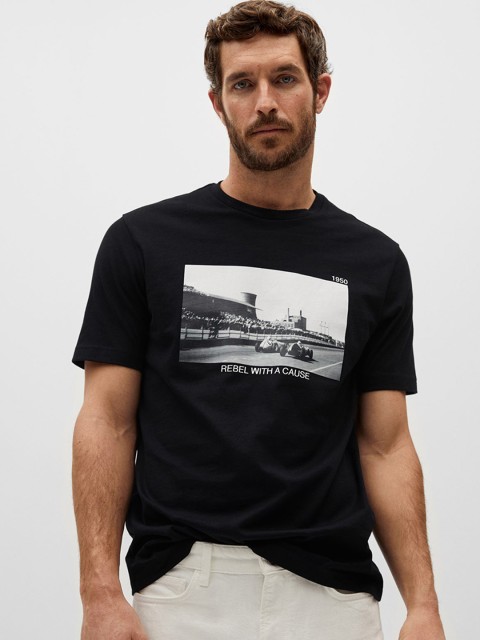 

MANGO MAN Men Black Printed Round Neck Sustainable Pure Cotton T-shirt