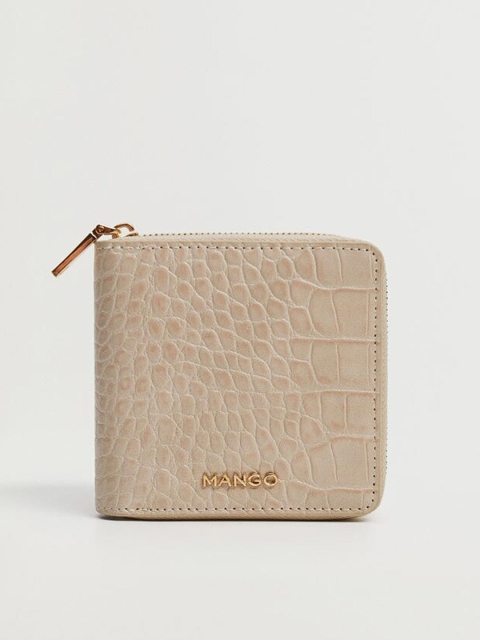 

MANGO Women Beige Croc Textured Zip Around Wallet