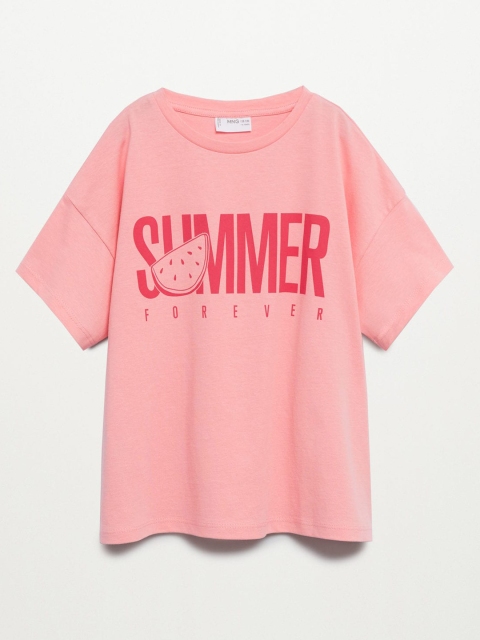 

Mango Kids Girls Pink Pure Cotton Printed Drop-Shoulder Sleeves Sustainable T-shirt