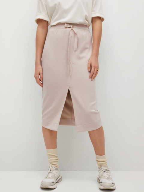 

MANGO Women Beige Sustainable Pure Cotton Front Slit A-line Skirt