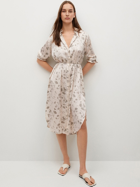 

MANGO Women Cream-Coloured & Grey Floral Satin Shirt Dress