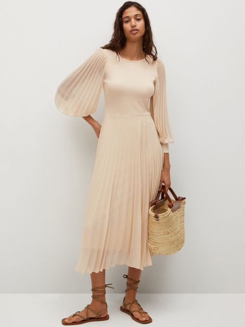 

MANGO Women Cream-Coloured Accordion Pleats A-Line Midi Dress