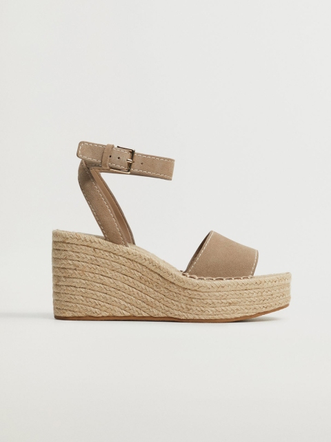 

MANGO Women Beige Sustainable Solid Leather Espadrille Wedges