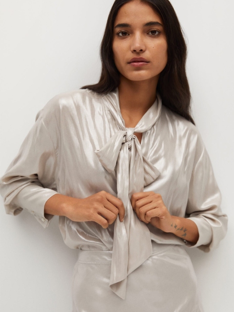 

MANGO Women Silver Solid Tie-Up Neck Bishop Sleeves Satin Finish Top