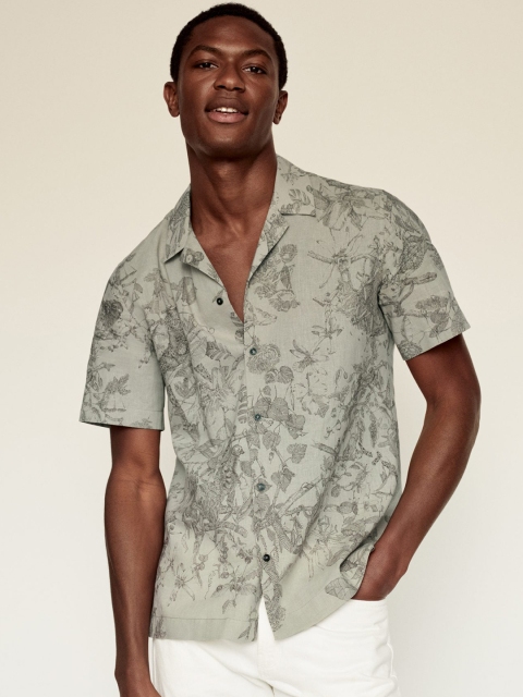 

MANGO MAN Grey Linen Cotton Regular Fit Printed Casual Shirt