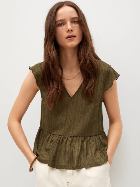

MANGO Olive Green Self Design V-Neck A-Line Sustainable Top