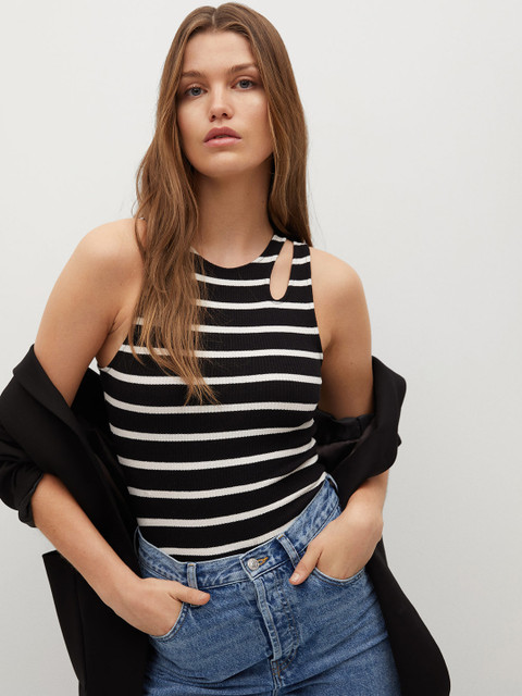 

MANGO Women Black & White Striped Bodysuit