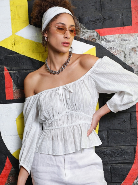 

MANGO Women White Pure Cotton Sustainable Striped Tie-Up Neck Empire Top