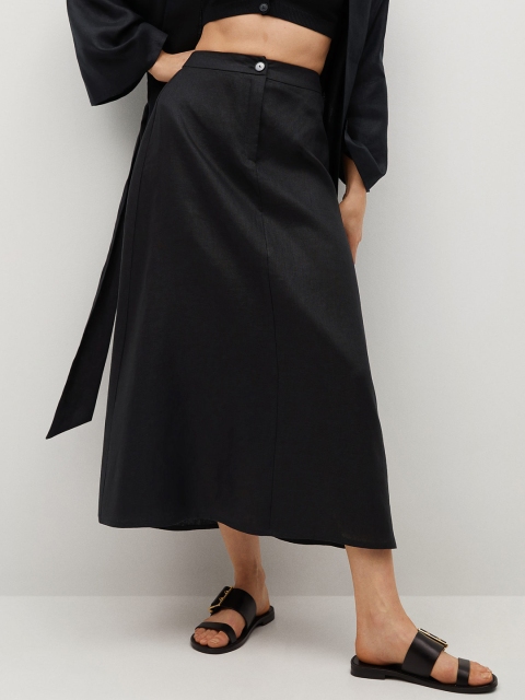 

MANGO Black Sustainable Linen Midi A-line Skirt